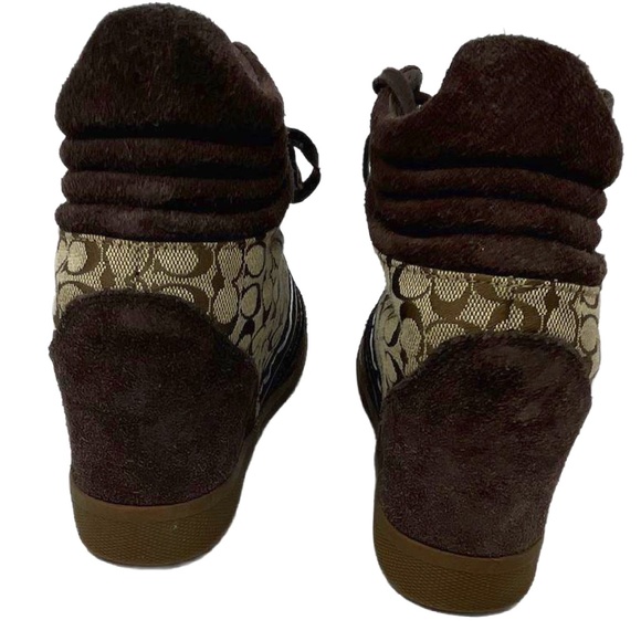 Coach Women's Alara Signature Print Brown Suede Wedged Heeled Boots Size 9.5M - Picture 4 of 7